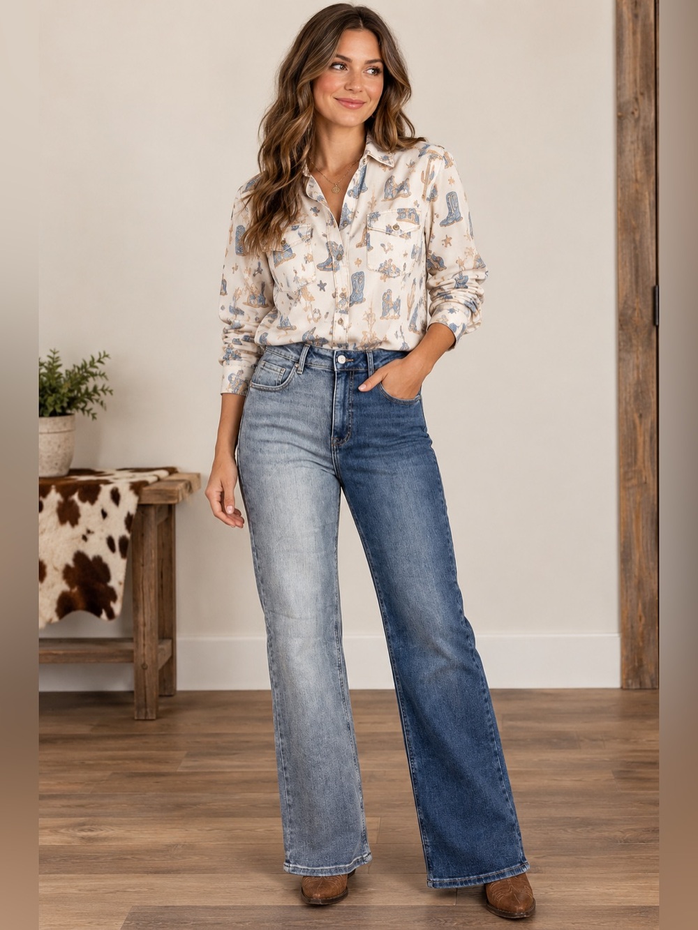 NWT Risen Classic Two-Tone High-Rise Wide-Leg Women’s Jeans - Blue